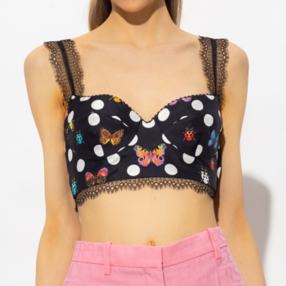 Versace x Dua Lipa Butterfly Ladybug Polka Dot Silk Bra Top with Lace NWT